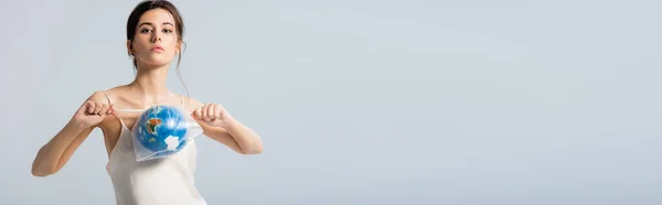 Horizontal Image Young Woman Holding Plastic Bag Globe Looking Camera — Stock Photo, Image