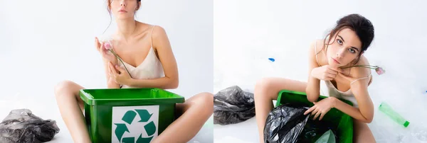 白い生態系の概念に花を持ちながらごみ箱の近くに座っている女性のコラージュ — ストック写真