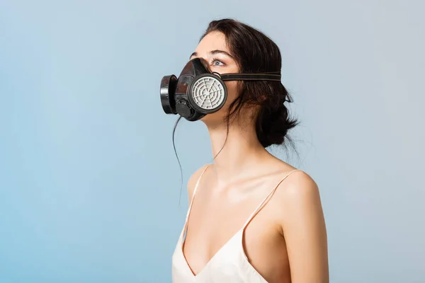 Brunette Woman Gas Mask Looking Isolated Grey Ecology Concept — Stock Photo, Image