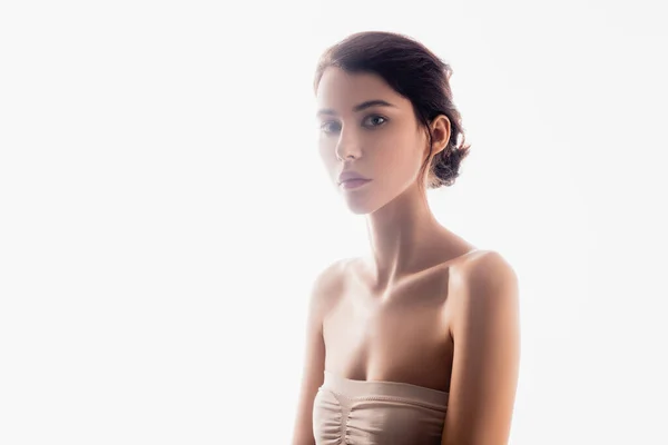 Brunette Young Woman Looking Camera Isolated White — Stock Photo, Image