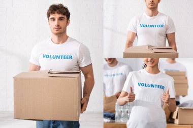Gönüllülerin karton kutu taşıdığı ve yardım merkezinde baş parmağını kaldırdığı kolaj. 