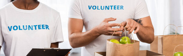 Panoramic crop of multiethnic volunteers holding clipboard and paper bag with apples in charity center 