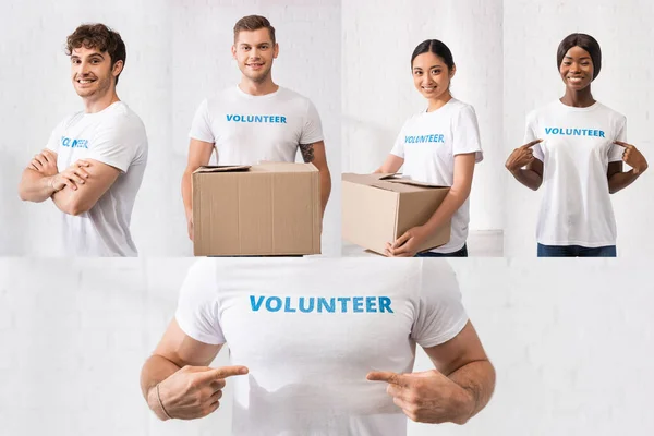 Collage Multicultural Volunteers Package Looking Camera Pointing Fingers — Stock Photo, Image