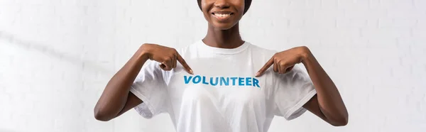 Imagem Horizontal Voluntário Afro Americano Apontando Com Dedos Para Camiseta — Fotografia de Stock