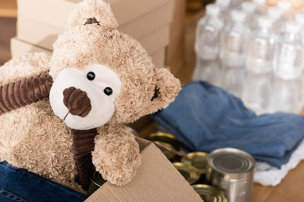 Селективный фокус мягкой игрушки в коробке возле жестяных банок и пожертвования в благотворительном центре 