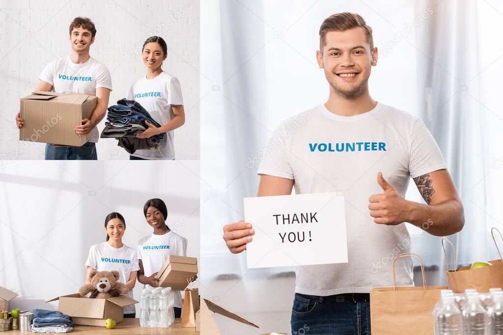 Collage of multiethnic volunteers holding packages and card with thank you lettering in charity center 