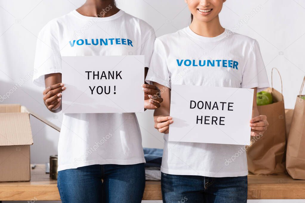 Cropped view of multiethnic volunteers holding cards with thank you and donate here lettering 