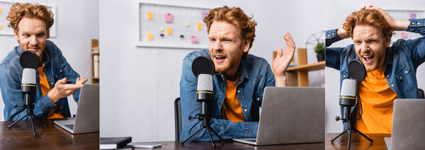 коллаж любопытного и напряженного радиоведущего, жестикулирующего возле микрофона и ноутбука на рабочем месте, горизонтальное изображение
