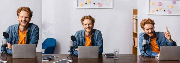 Collage Redhead Broadcaster Showing Idea Gesture Looking Camera Microphone Laptop — Stock Photo, Image