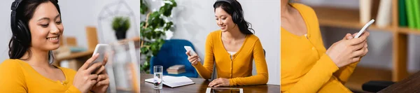 Collage Brunette Asiatisk Kvinne Trådløse Hodetelefoner Ved Hjelp Smarttelefon Nær – stockfoto