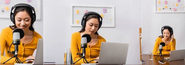 Koláž Mladého Asijského Hlasatele Bezdrátových Sluchátkách Pracující Rádiovém Studiu Mikrofonu — Stock fotografie