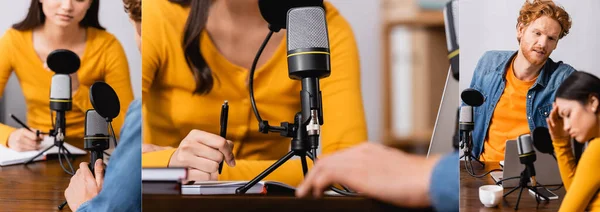 Collage Broadcaster Holding Pen Interview Man Upset Asian Woman Radio — Stock Photo, Image