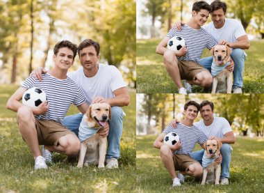 Baba oğul kolajı. Futbol topu çimlerin üzerinde oturuyor ve Golden Retriever 'a sarılıyor.