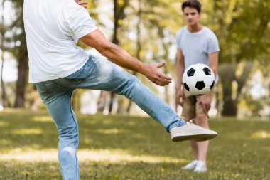 Çocuğun yanında futbolu bırakan babanın seçici odak noktası.