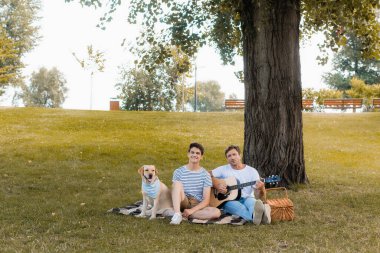 Baba ve genç çocuk Golden Retriever yakınlarında ağaç gövdesinin altında battaniyede oturuyorlar. 