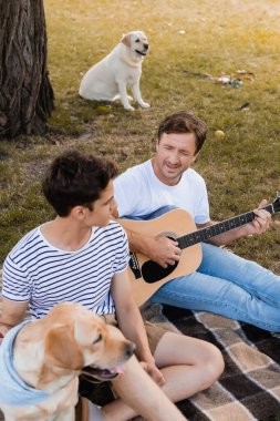 Baba, genç bir çocuğun yanında akustik gitar çalıyor ve Golden Retriever parkta.