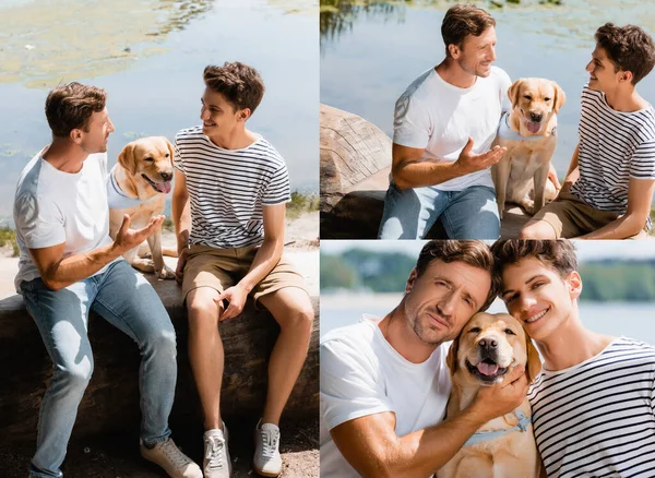 Collage Father Son Talking Golden Retriever Lake — Stock Photo, Image