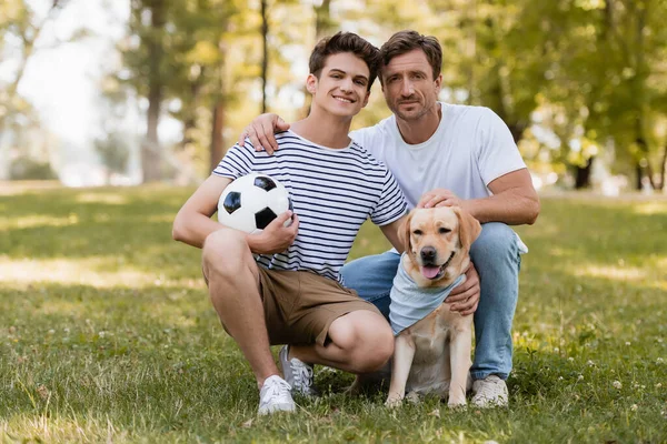 父は喜んでいる10代の息子の近くの芝生の上でサッカーと黄金のレトリバーと — ストック写真