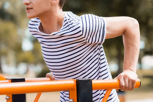 Cropped View Sportive Teenager Boy Exercising Horizontal Bars — Stock Photo, Image