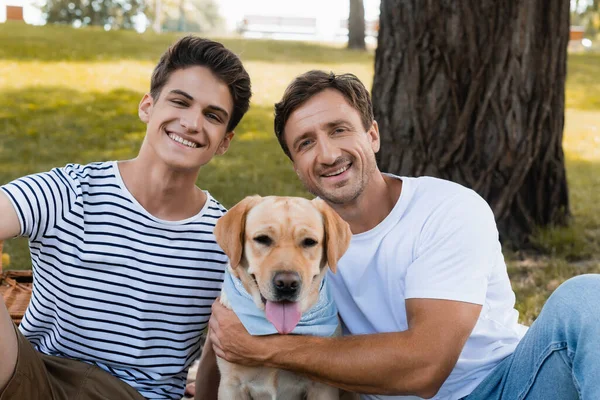 Alegre Padre Adolescente Hijo Mirando Cámara Cerca Golden Retriever —  Fotos de Stock