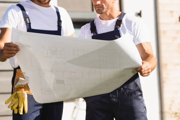 Cropped View Builders Looking Blueprint Outdoors — Stock Photo, Image