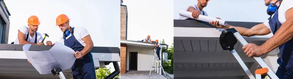 Collage Van Bouwers Met Blauwdruk Hamer Ladder Aan Het Dak — Stockfoto