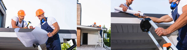 Collage of builders with blueprint, hammer and ladder working on roof of building 