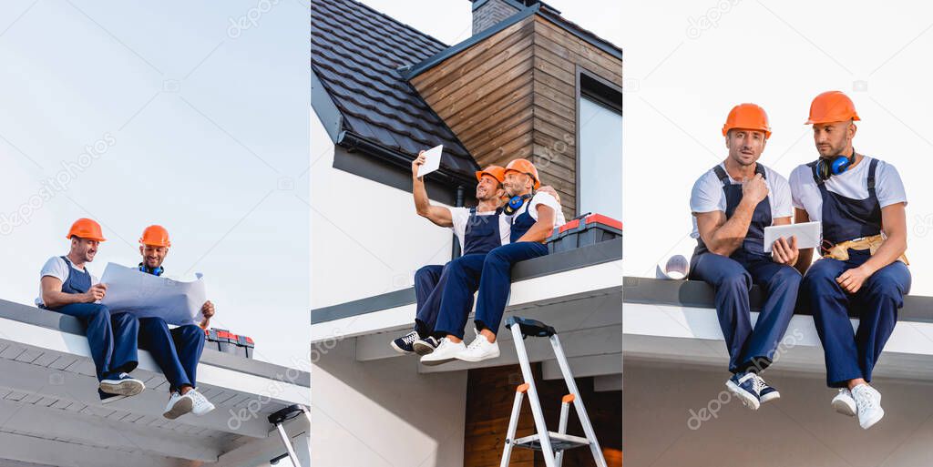 Collage of builders taking selfie with digital tablet and holding blueprint on roof of building 