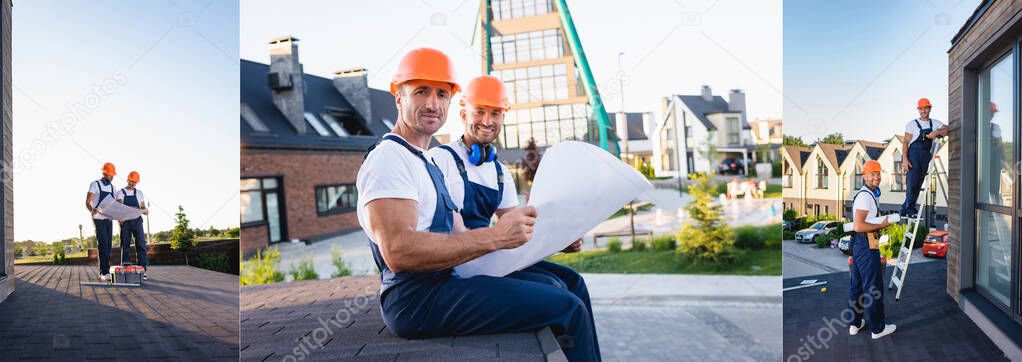 Collage of builders holding blueprint while working on roof of house 