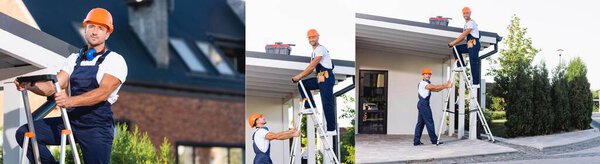 Collage of builders in uniform using ladder near building on urban street 