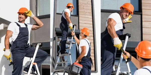 Colagem Construtores Uniforme Hardhats Segurando Martelo Enquanto Trabalhava Escada Perto — Fotografia de Stock