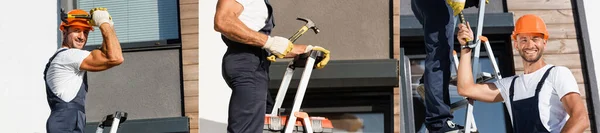 Collage Builders Overalls Hammer Ladder Working Facade Building — Stock Photo, Image