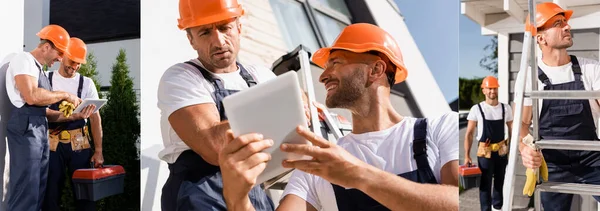 Colagem Construtores Usando Tablet Digital Trabalhando Escada Perto Edifício — Fotografia de Stock