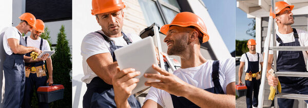 Collage of builders using digital tablet and working on ladder near building 