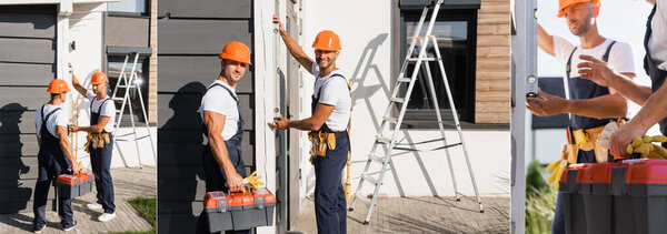 Collage of builders with tools using spirit level on facade of house  
