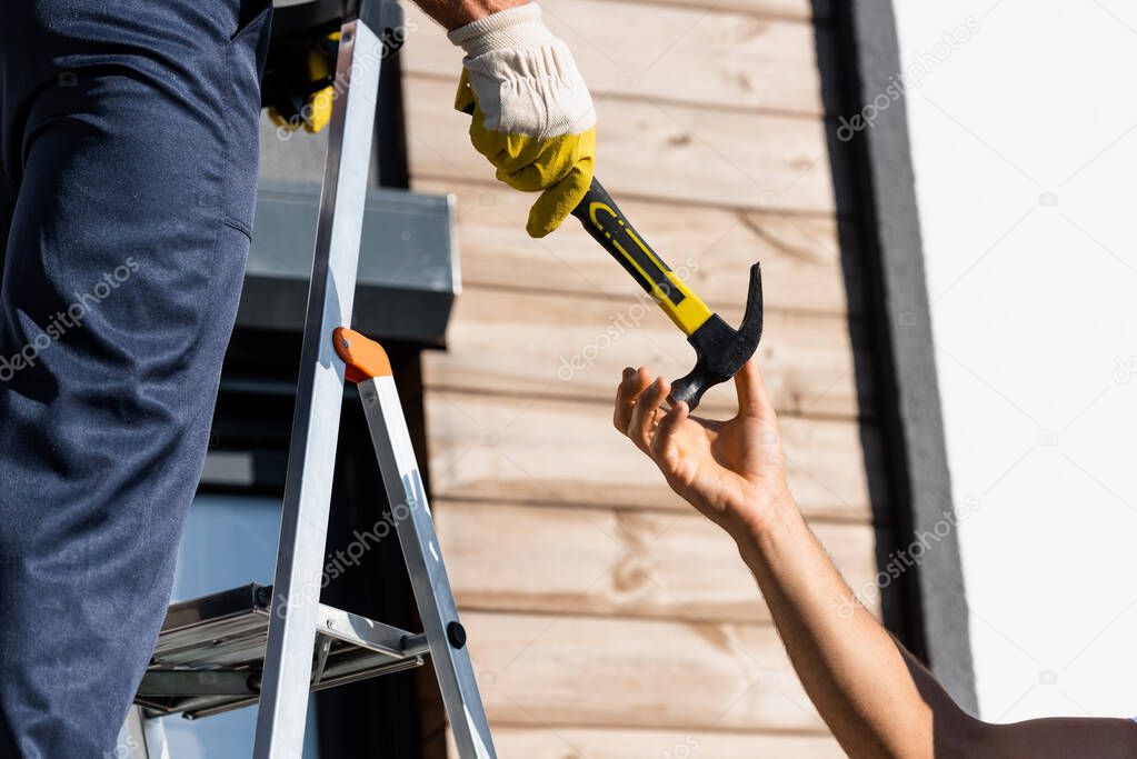 Cropped view of builder giving hammer to colleague on ladder near building