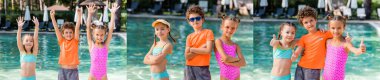 collage of curly boy and girls in swimsuits standing with hands in air, crossed arms, showing thumbs up near pool, panoramic shot clipart