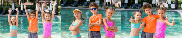 collage of curly boy and girls in swimsuits standing with hands in air, crossed arms, showing thumbs up near pool, panoramic shot