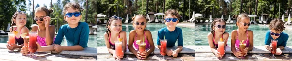 Collage Von Mädchen Und Jungen Sonnenbrille Mit Frischen Fruchtcocktails Schwimmbadnähe — Stockfoto