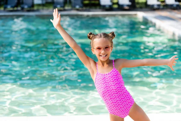 Girl Swimwear Sunglasses Standing Outstretched Hands Pool — Stock Photo, Image