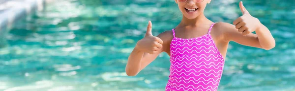 Cropped View Child Swimsuit Showing Thumbs Panoramic Shot — Stock Photo, Image