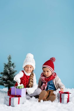 Çocuklar kışın kar üzerinde oturur ve mavi üzerine izole edilmiş köknar yakınında hediyelere bakarlar.