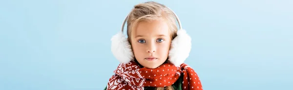 Panoramic Crop Kid Winter Earmuffs Scarf Looking Camera Isolated Blue — Stock Photo, Image