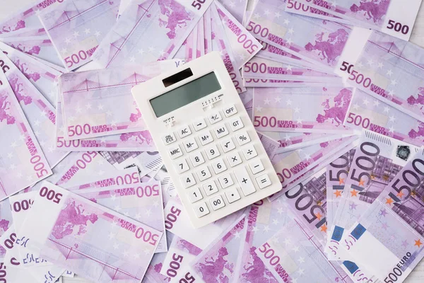 Vedere Sus Calculatorului Alb Bancnotele Euro — Fotografie, imagine de stoc