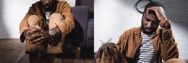 Collage African American Man Sitting Floor Touching Face — Stock Photo, Image