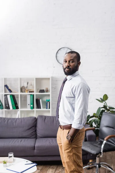 Serious African American Psychologist Formal Wear Standing Hands Pockets Looking — Stock Photo, Image