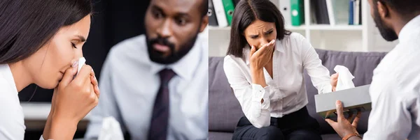 Collage African American Psychologist Giving Paper Napkins Crying Woman Panoramic — Stock Photo, Image