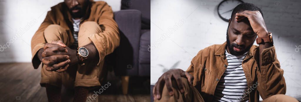 Collage of african american man sitting on floor and touching face