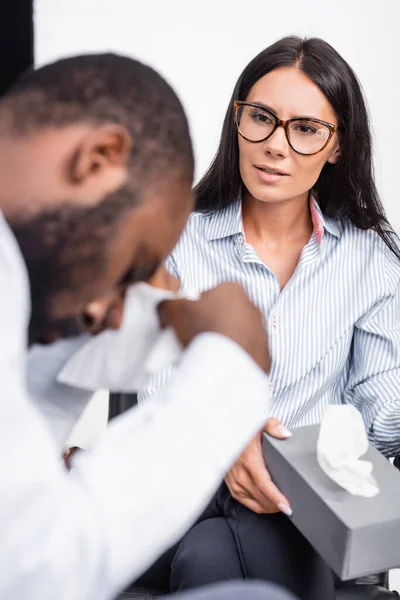 Selective Focus Psychologist Eyeglasses Giving Paper Napkins Crying African American — Stock Photo, Image