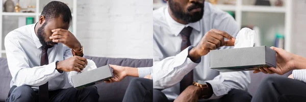 Collage Stresset Afrikansk Amerikansk Mand Der Dækker Øjne Med Hånden - Stock-foto